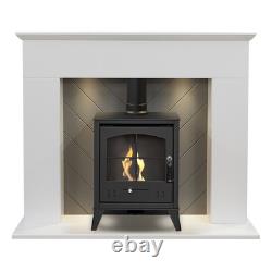 Adam Corinth Stove Fireplace in Pure White & Grey with Downlights & OKO S2 Bi
