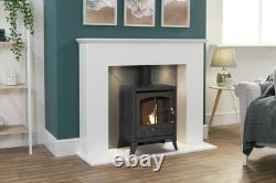 Adam Corinth Stove Fireplace in Pure White & Grey with Downlights & OKO S2 Bi
