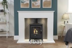 Adam Corinth Stove Fireplace in Pure White & Grey with Downlights & OKO S2 Bi
