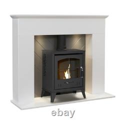 Adam Corinth Stove Fireplace in Pure White & Grey with Downlights & OKO S2 Bi