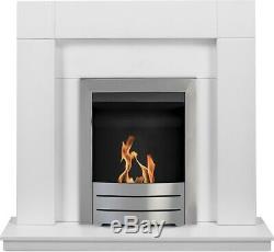 Adam Fireplace Suite in Pure White with Bio Ethanol Fire in Brushed Steel39 Inch