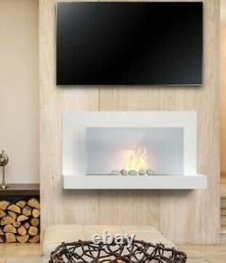 Alden white bioethanol fire, with glass protective panel. Wall hung. 4 pebbles