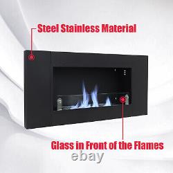 Bio Ethanol Fireplace 1100x540mm Fuel Burning Steel Black Glass Wall Mount Fire