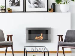 Bio Ethanol Fireplace 650x400 Wall-Mounted With glass Silver Set