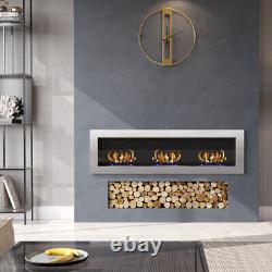 Bio Ethanol Fireplace Biofire Fire 1400 x 400mm /GLASS Inset/Wall Mounted Silver