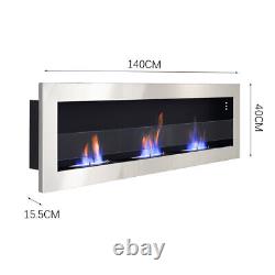 Bio Ethanol Fireplace Biofire Fire 1400 x 400mm /GLASS Inset/Wall Mounted Silver