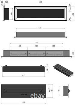 Bio Ethanol Fireplace Biofire Fire 1800x490 Black Gloss Frame Glass 180cm 1.8m