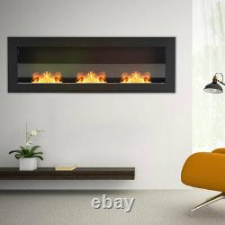 Black Bio Ethanol Fireplace Glass Steel Wall Mounted Biofire with 3 Fire Burner