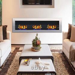 Inset/Wall Mounted LED Fireplace Biofire Bio Ethanol Electric Fire GLASS Silver