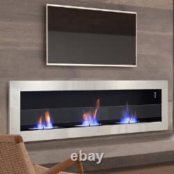 Inset/Wall Mounted LED Fireplace Biofire Bio Ethanol, Electric Fire Glass Silver