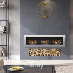 Inset/Wall Mounted LED Fireplace Biofire Bio Ethanol, Electric Fire Glass Silver