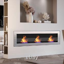 Inset/Wall Mounted LED Fireplace Biofire Bio Ethanol, Electric Fire Glass Silver