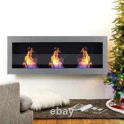 Inset/Wall Mounted LED Fireplace Biofire Bio Ethanol Electric Fire with GLASS Grey