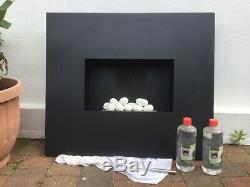Onyx Flame black satin steel bio ethanol fireplace + fuel, pebbles, accessories