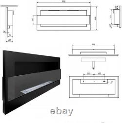 Wall-Mount Bio Ethanol Fireplace Modern Black Glass with Flame Effect