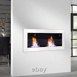 White 90x40cm Bio Ethanol Fireplace Wall/Inset Heater Glass Biofire Fire Burner