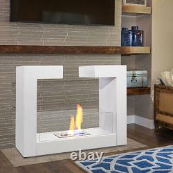 White Bio Ethanol Fireplace Floor Standing Toughened Glass And Metal -77x25x58cm